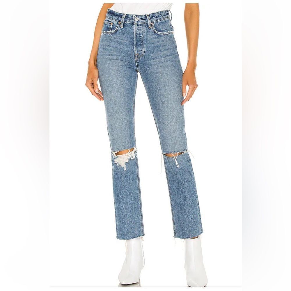 GRLFRND Karolina Jeans distressed blue cropped straight leg Revolve NWT Sz 28